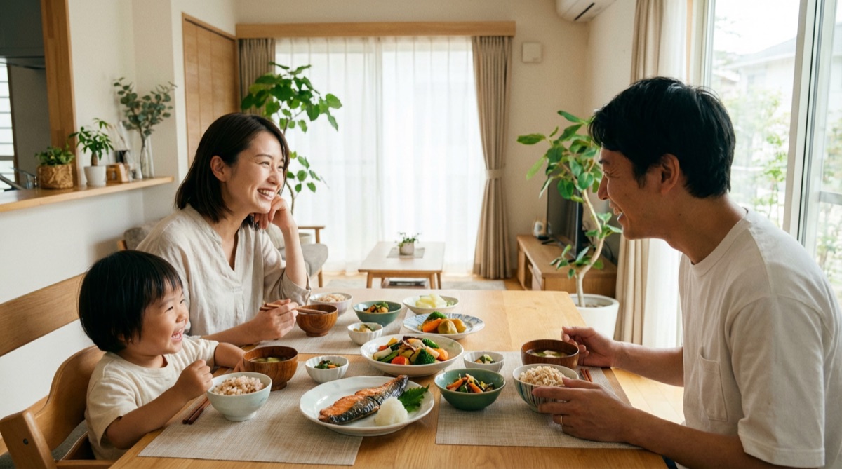 幸せな家族の食卓 全員同じメニューで健康に 和やかな団欒の風景