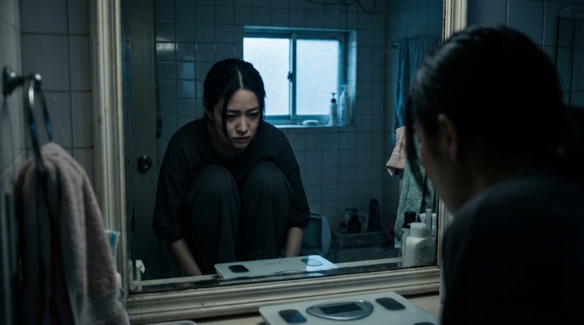 鏡を見て悩み苦しむ過去の様子