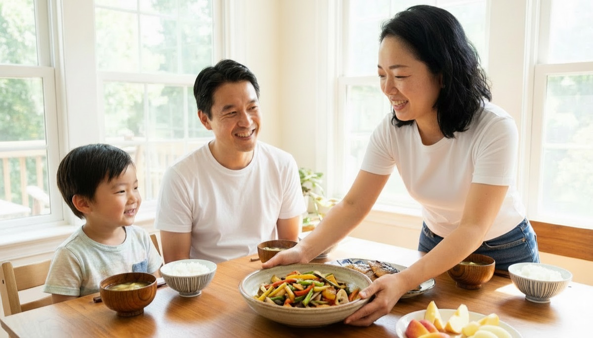 健康的な食事を囲む幸せな家族の食卓