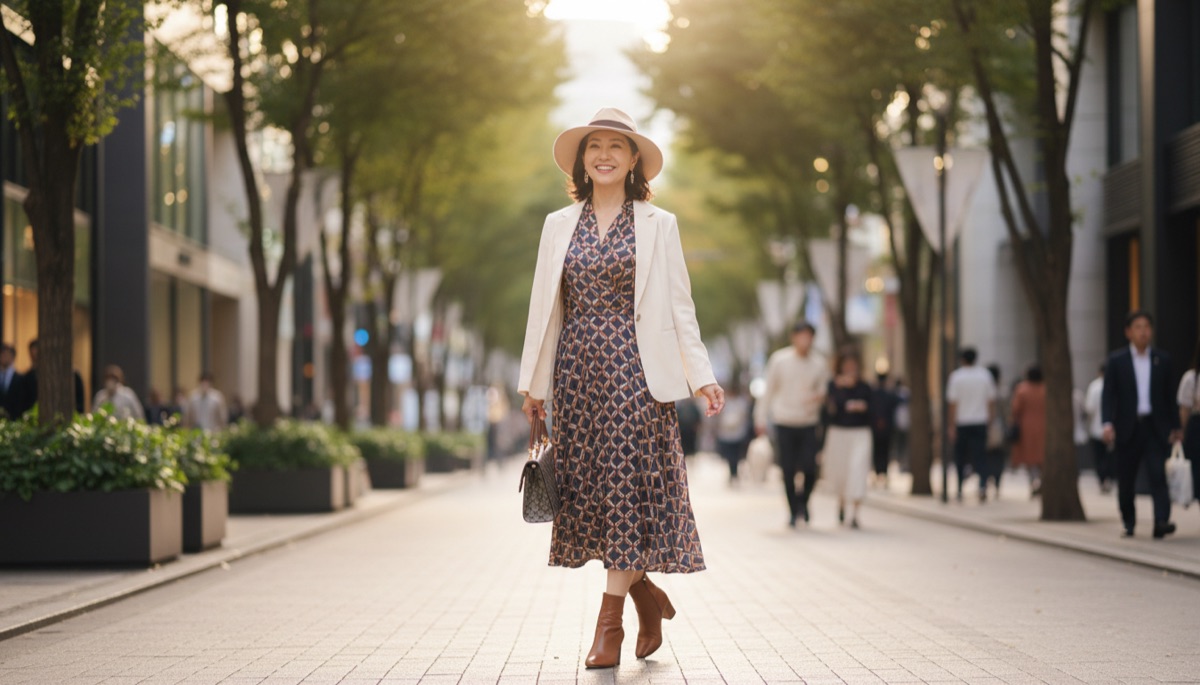 自信を持って街を歩く素敵な40代50代女性