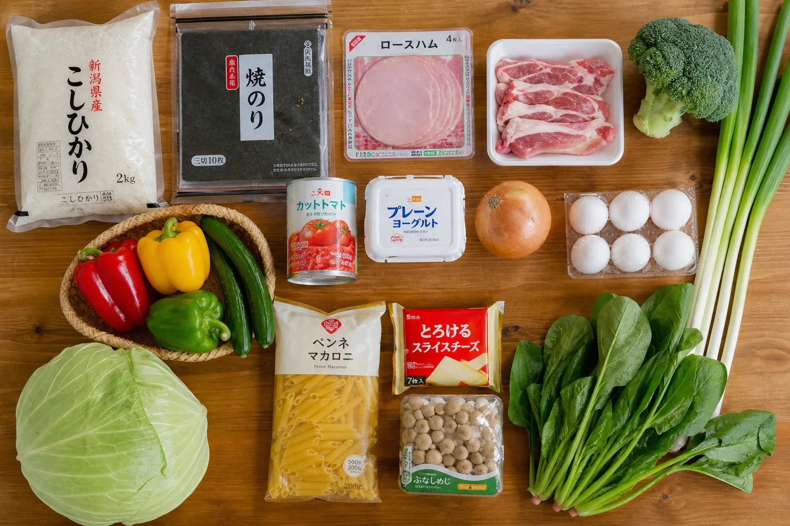 普段の食材の中に自然と揃う五色（青・赤・黄・白・黒）の俯瞰写真