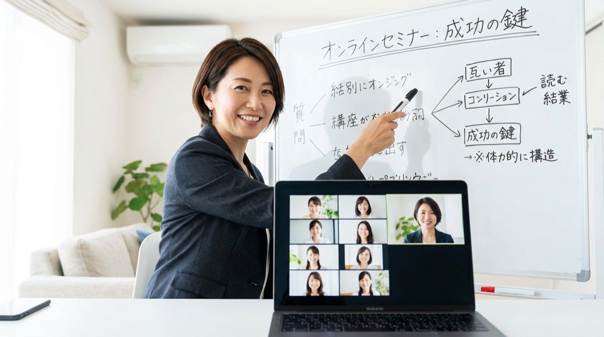 オンラインセミナーで女性受講生に講義をする認定講師