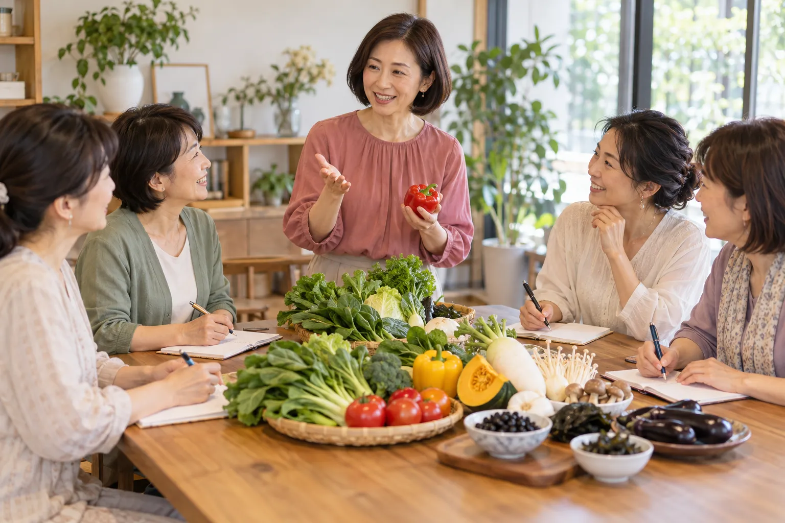 五色の野菜を囲んで、認定講師の勉強会に参加する女性たち