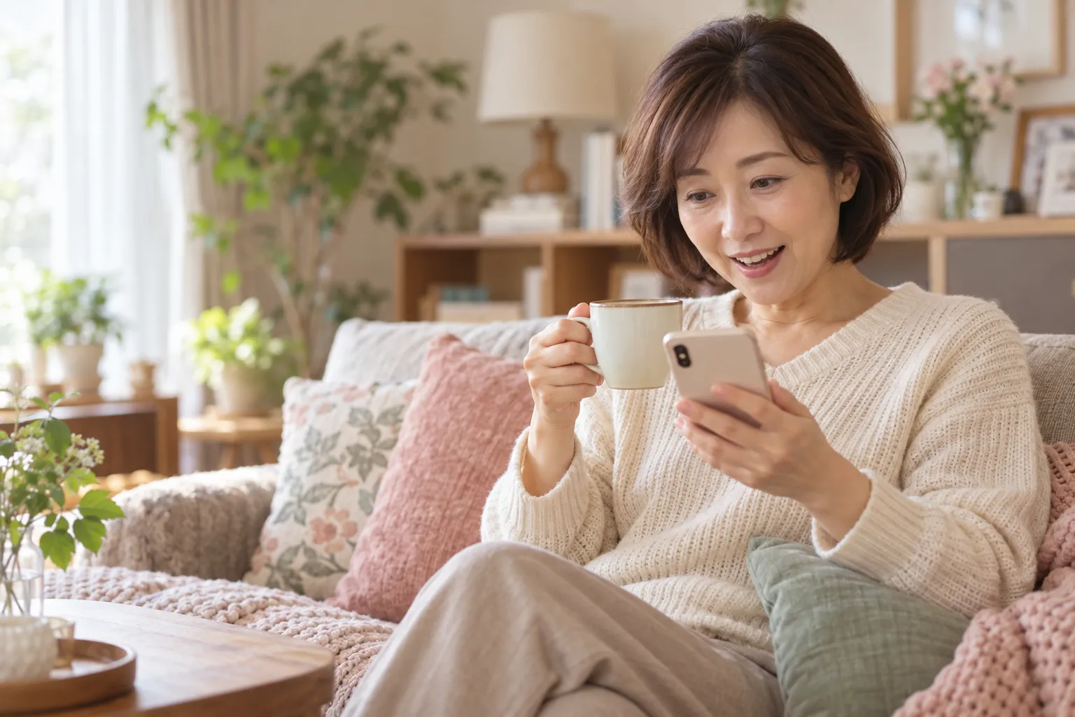 自宅のソファで、スマホで診断に答える女性