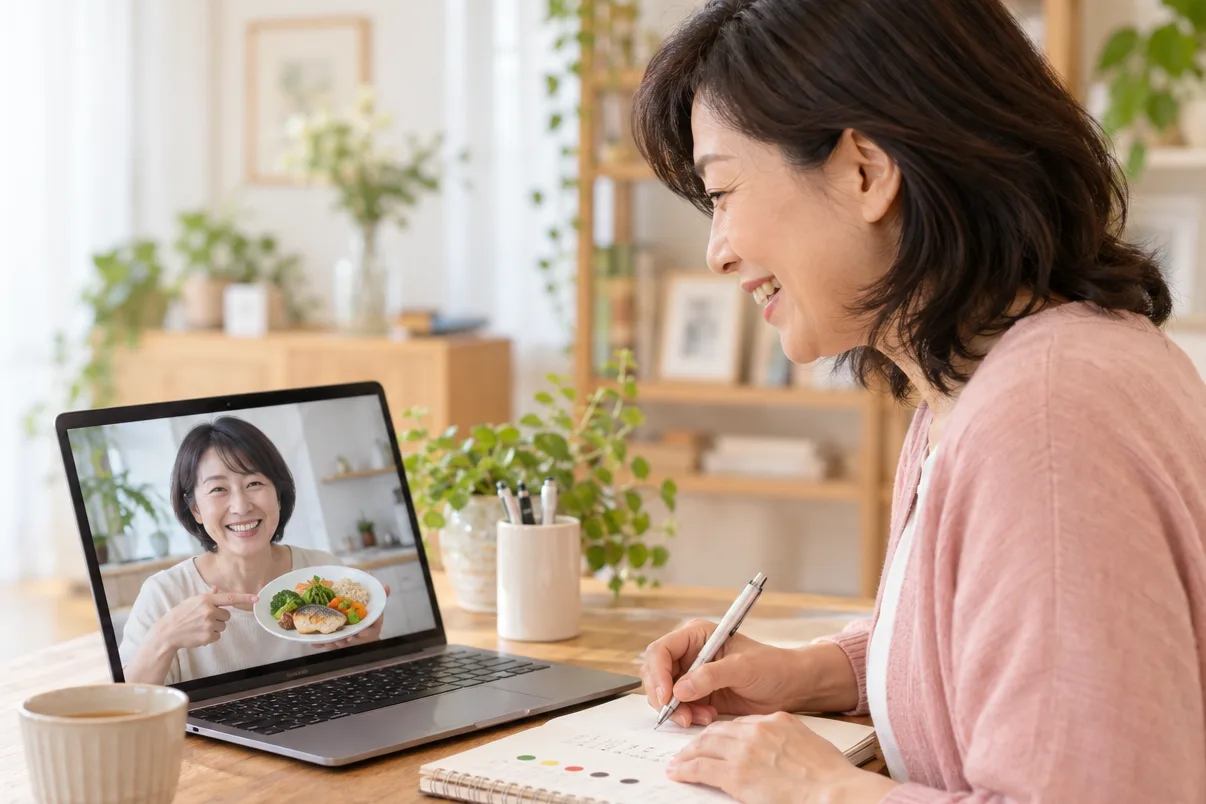 受講生の食事の写真を見ながら、オンラインで相談にのる認定講師