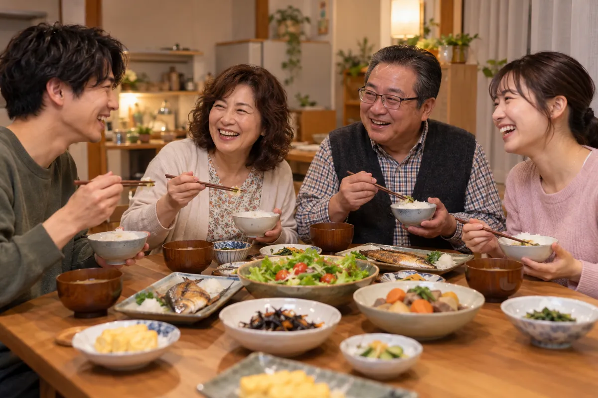 家族で同じおかずを囲む夕食