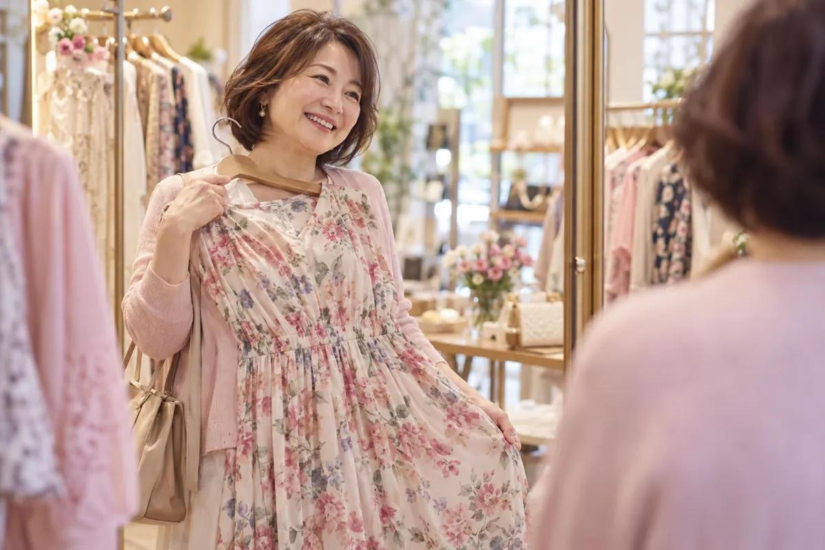 花柄のワンピースを体に当てて笑う女性