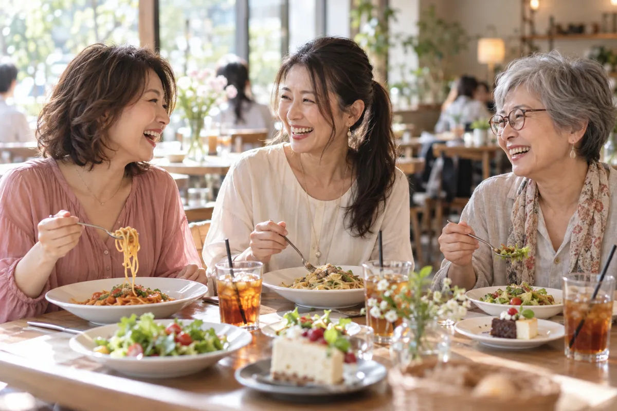 カフェでパスタやサラダを囲んで笑う友人たち