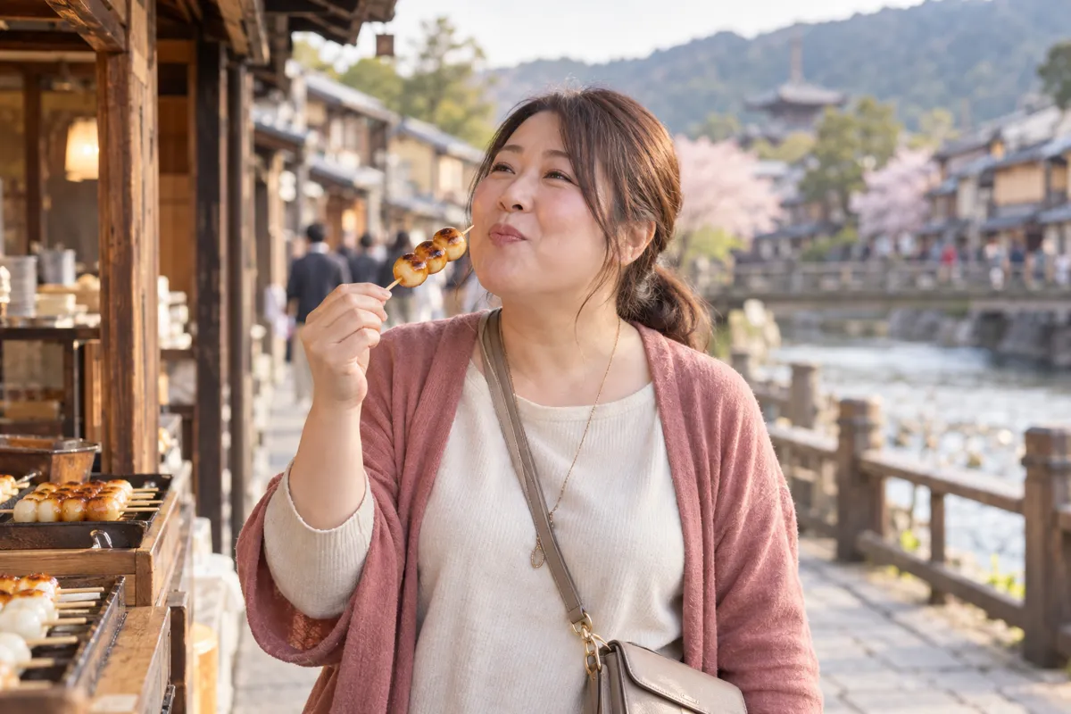 旅先の古い町並みで、だんごを食べる女性