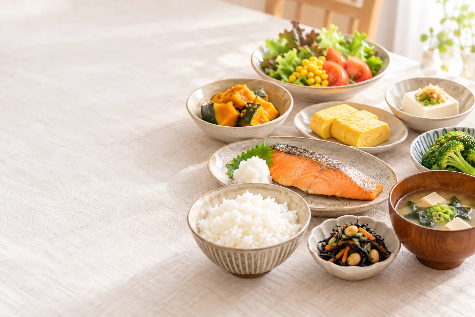 スーパーで揃う食材でつくった、五色がそろう家庭のごはん
