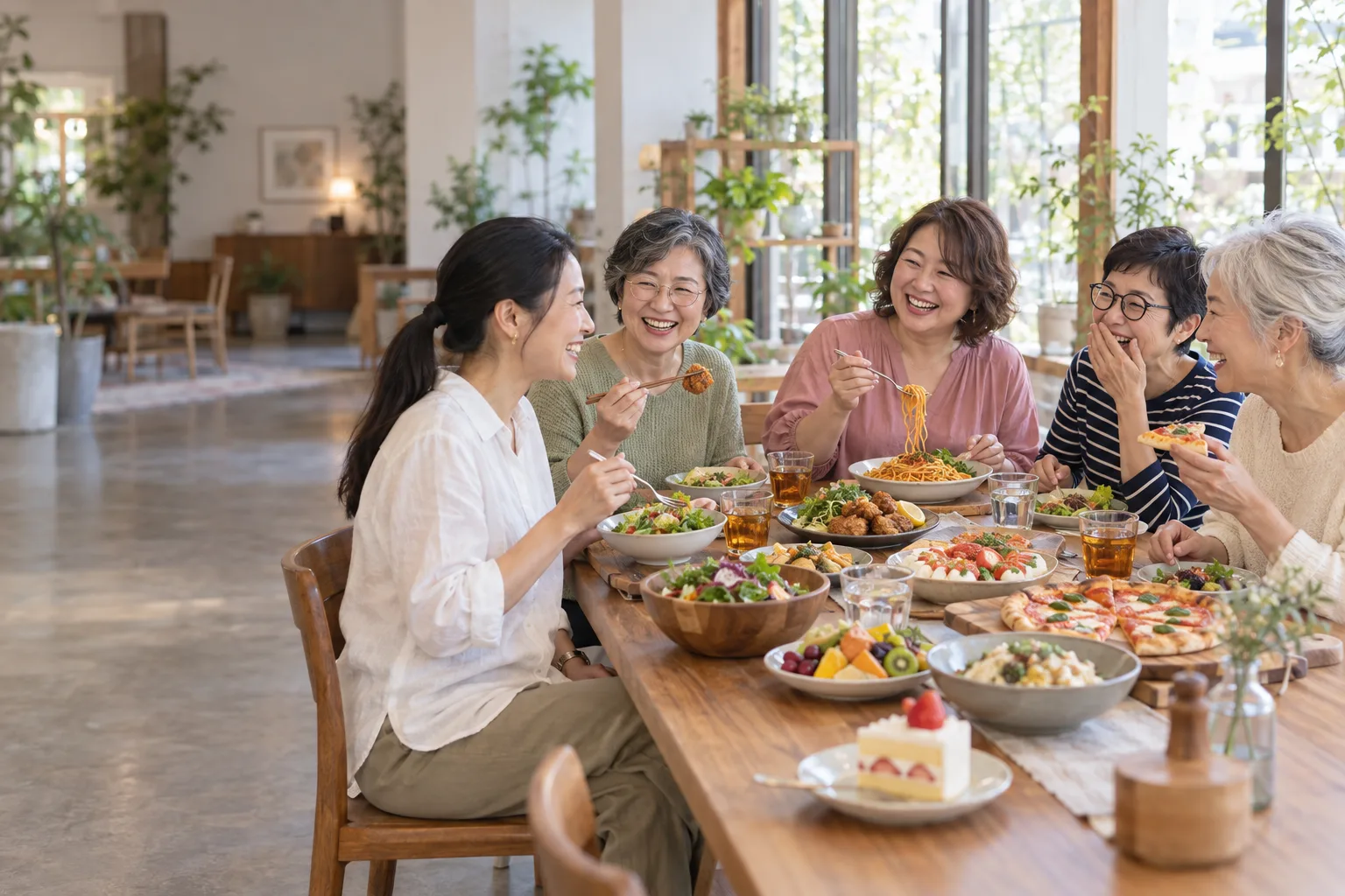 パスタやからあげ、ケーキを囲んで笑い合う女性たちの食事会