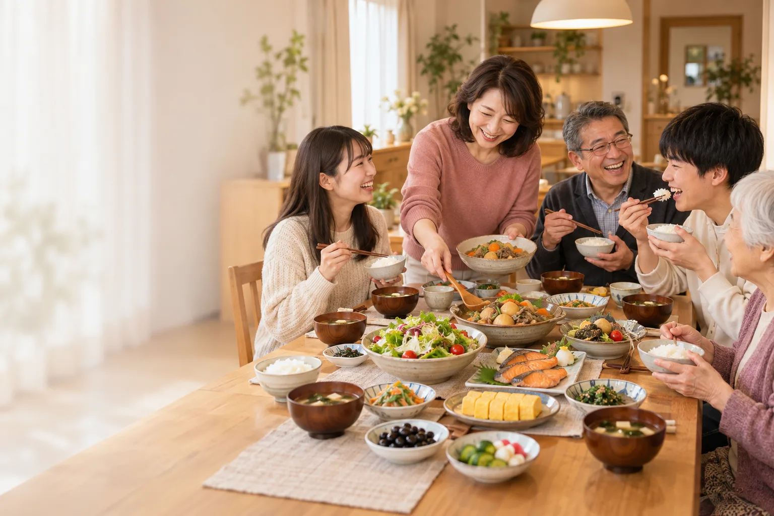 家族みんなで同じ食卓を囲み、同じごはんを食べている様子